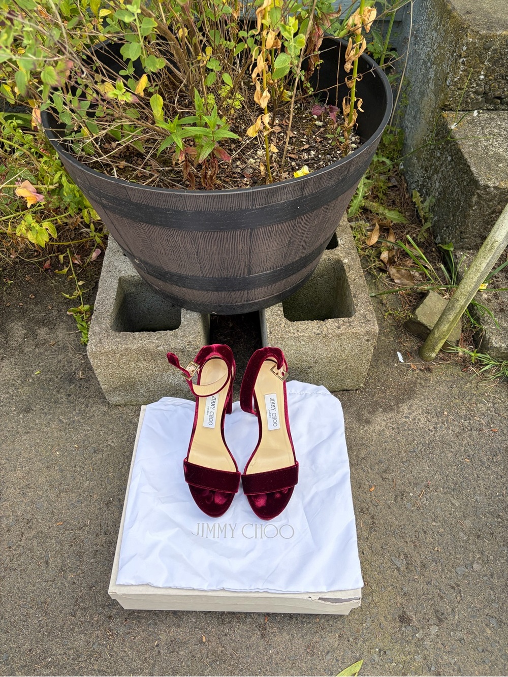 Jimmy Choo Burgundy Velvet Open-Toe Ankle-Strap Heels worn once